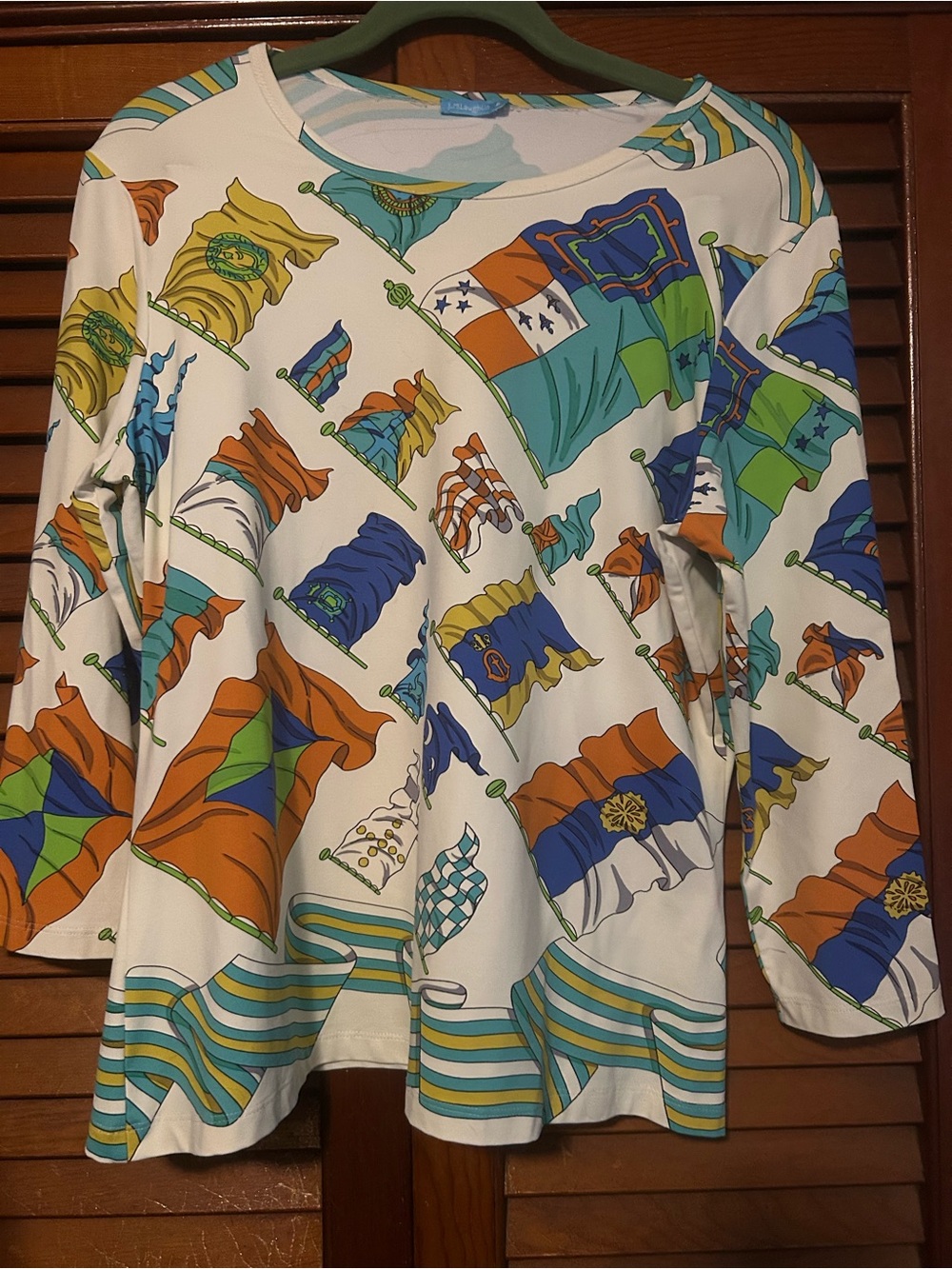 J. McLaughlin White Top with Blue, Teal & Yellow Flag Motif